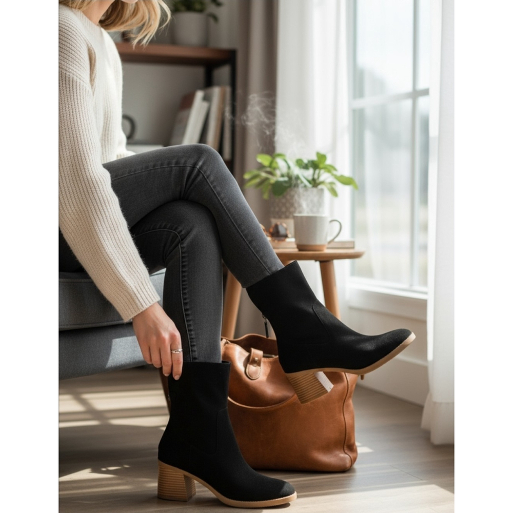 Sun & Stone Microsuede Block Stacked Ankle Boots Bootie SZ 10 M BLACK